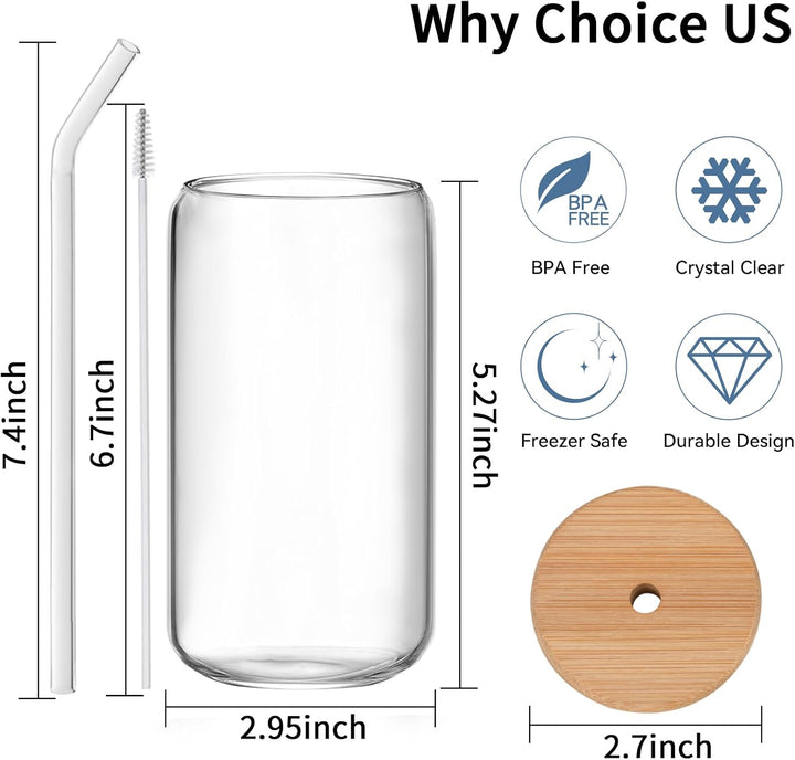 FINEW Gläser mit Deckel und Strohhalm 4 Stück, 16oz/450ml Eiskaffee Gläser, Cocktailgläser, Iced Cof