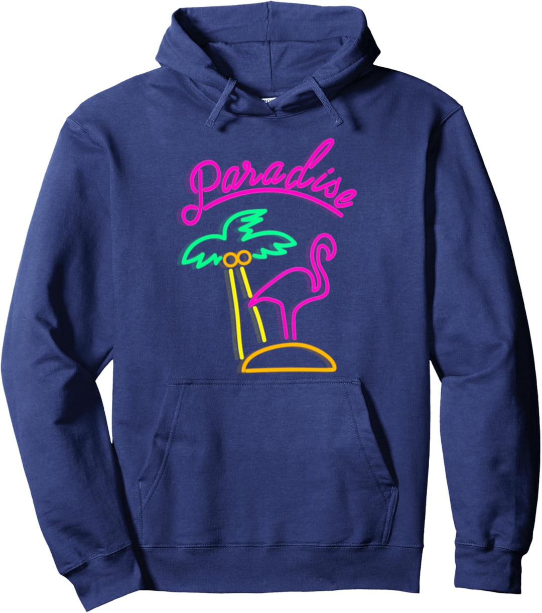 Retro Neon Sign Paradise Flamingo Palm Tree Pullover Hoodie