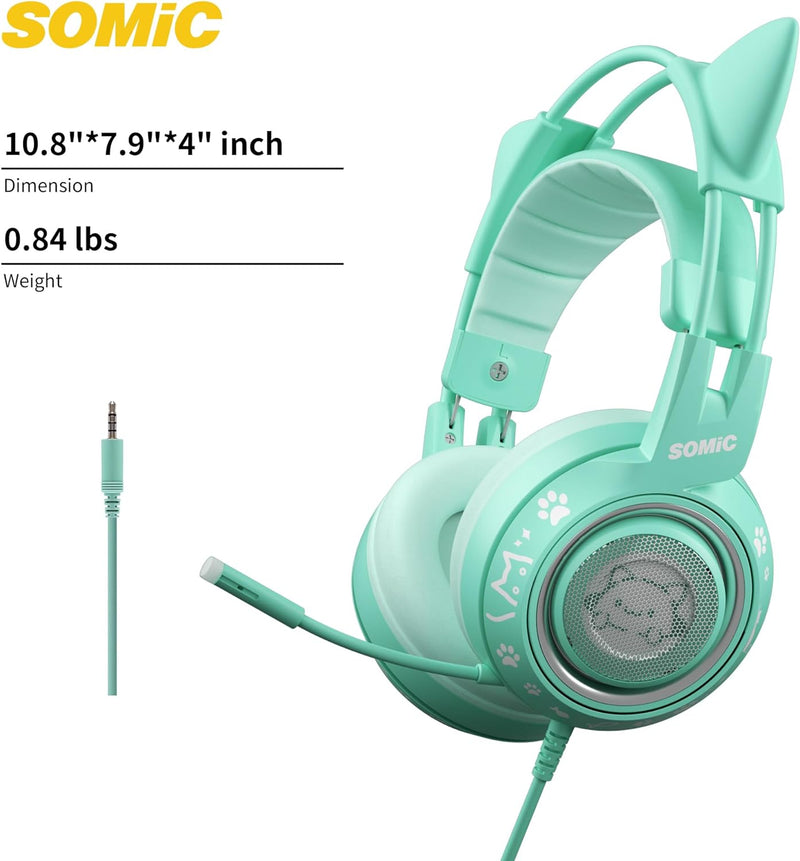 Somic G951S Green Gaming Headset mit Mikrofon für PS4, PS5, Xbox One, PC, Cat Ear Kopfhörer über Ohr