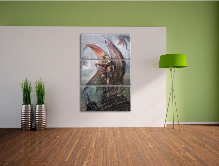 Pixxprint Fiktiver Drachenmann auf der Spitze der Stadt Kunst Buntstift Effekt 3-Teiler Leinwandbild