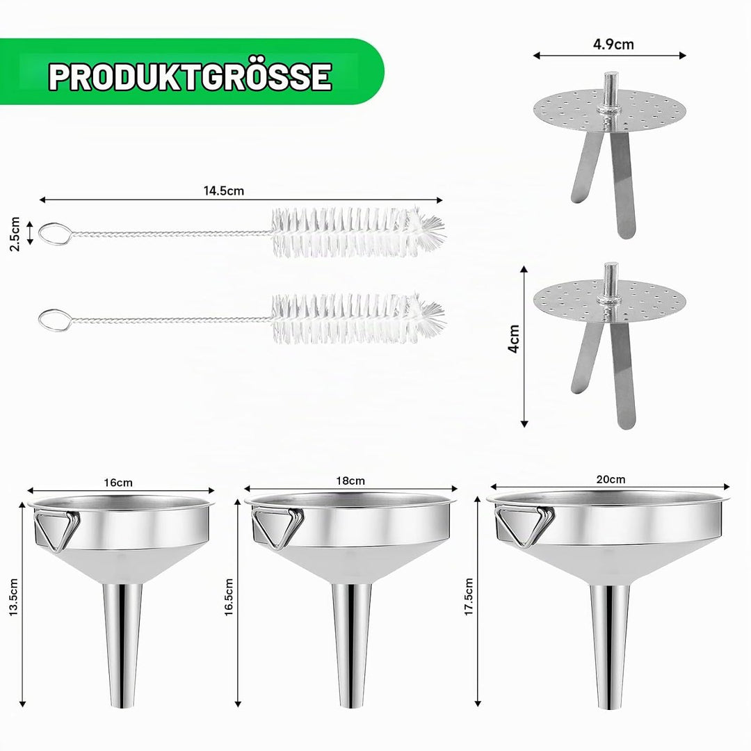 Gucass 7 Stk Edelstahl Trichter Set, Grosse Trichter Küche mit Griff, Marmeladentrichter mit Siebfil
