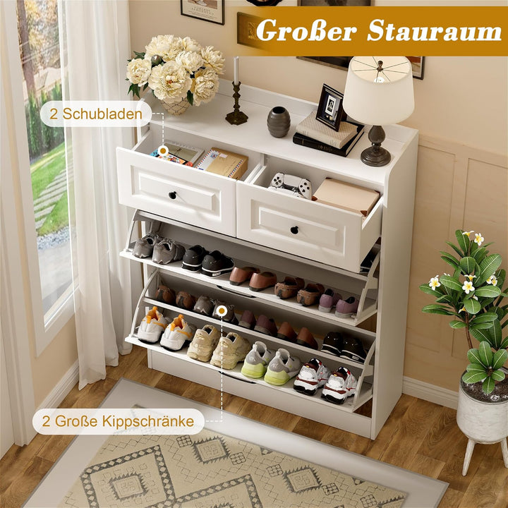 Schuhschrank Weiss mit 2 Klappen, Schuhschrank mit Schublade, Schuhkipper Schmal, 80 cm Breit, Flur,