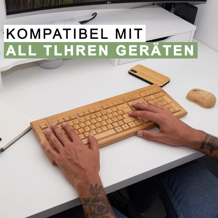KIBODO - Bamboo Wireless Tastatur-Maus-Set, Naturholz, angenehmer Touch, einfach zu bedienen, dekora