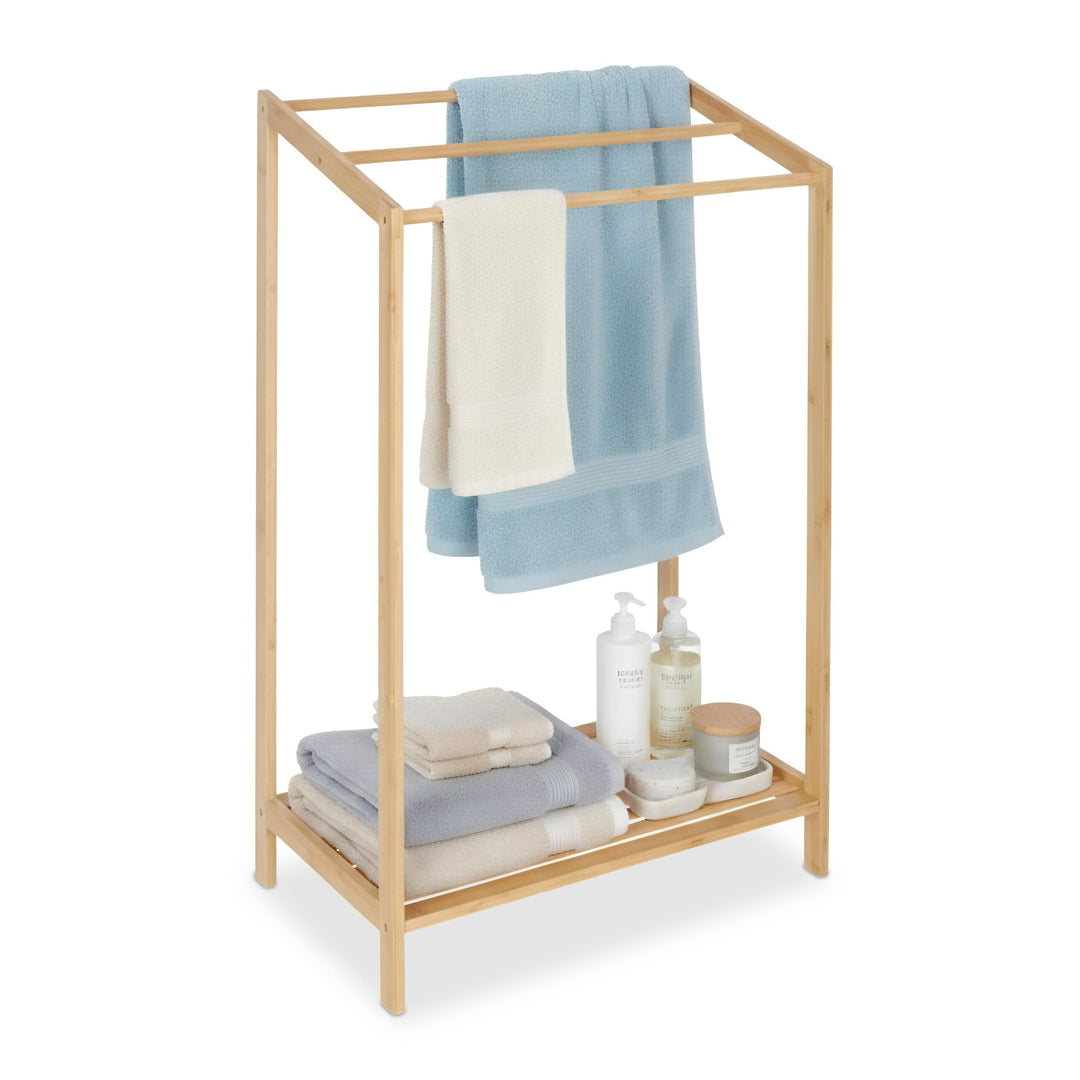 Relaxdays Handtuchständer Bambus, 3 Stangen, mit Ablage, HBT: 86 x 52,5 x 32 cm, freistehend, Duscht