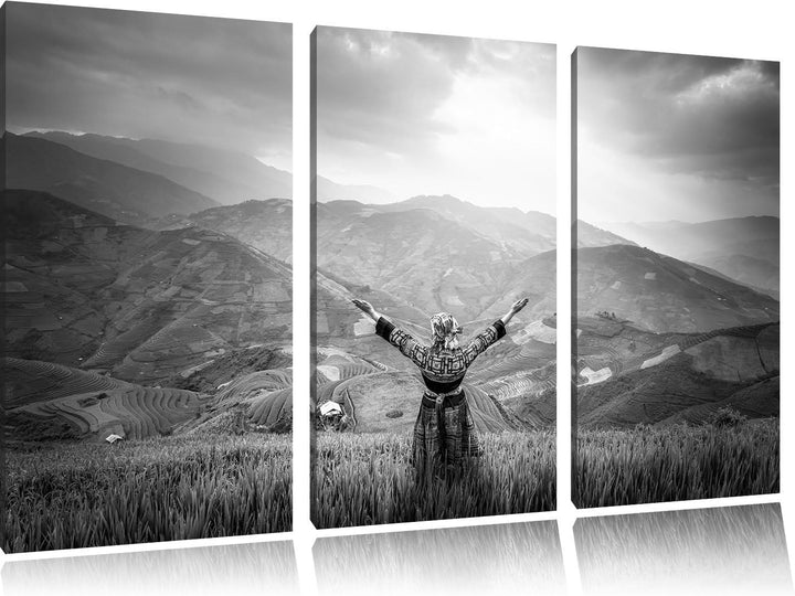 Pixxprint eine Berg Farm in Asien im Sonnenschein Kunst B&W 3-Teiler Leinwandbild 120x80 Bild auf Le