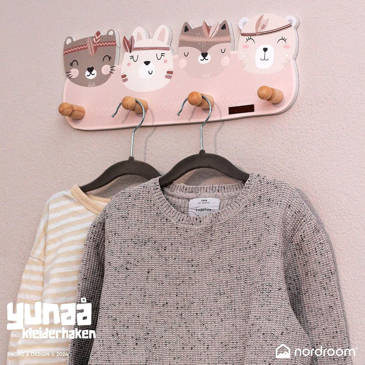 Kindergarderobe mit 4 Haken - Wandgarderobe mit Tiermotiven für Kinderzimmer - Garderobenhaken aus H