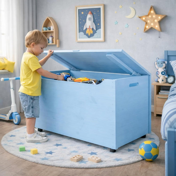 Pinus Spielzeugkiste aus Holz mit Deckel und Rollen, 90×48×51 cm - Grosse Aufbewahrungsbox für Spiel