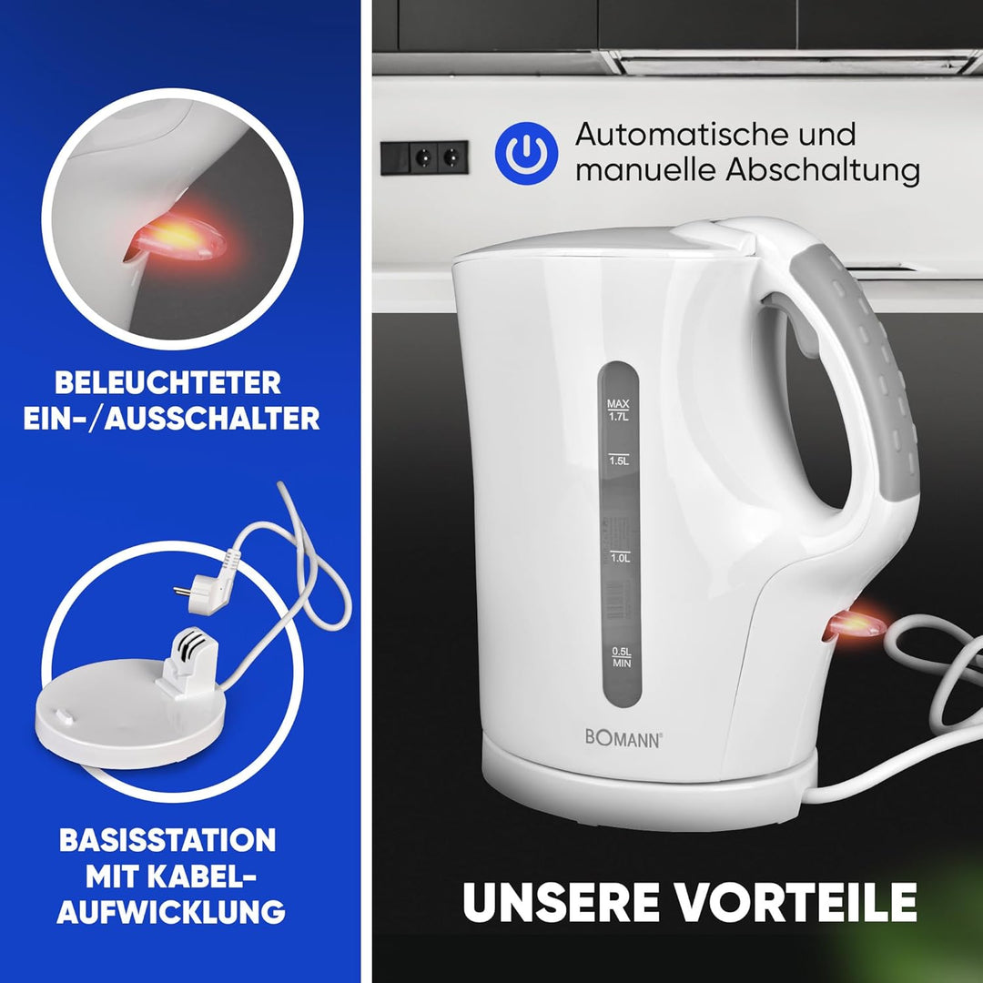 Bomann WK 5011 CB Wasserkocher, 1,7 Liter Fassungsvermögen, 2 aussenliegende Wasserstandsanzeigen, E