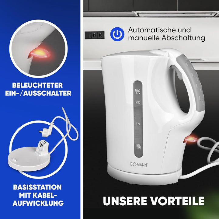 Bomann WK 5011 CB Wasserkocher, 1,7 Liter Fassungsvermögen, 2 aussenliegende Wasserstandsanzeigen, E