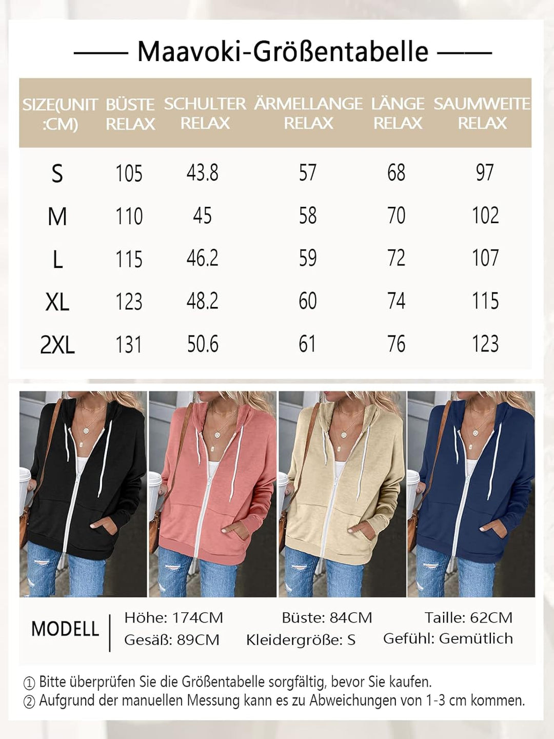 Maavoki Damen Zip Hoodie Langarm Kapuzenpulli Fleece Outwear Jacken Herbst Winter Sweatjacke A-beige
