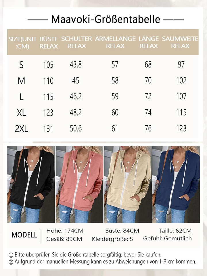 Maavoki Damen Zip Hoodie Langarm Kapuzenpulli Fleece Outwear Jacken Herbst Winter Sweatjacke A-beige