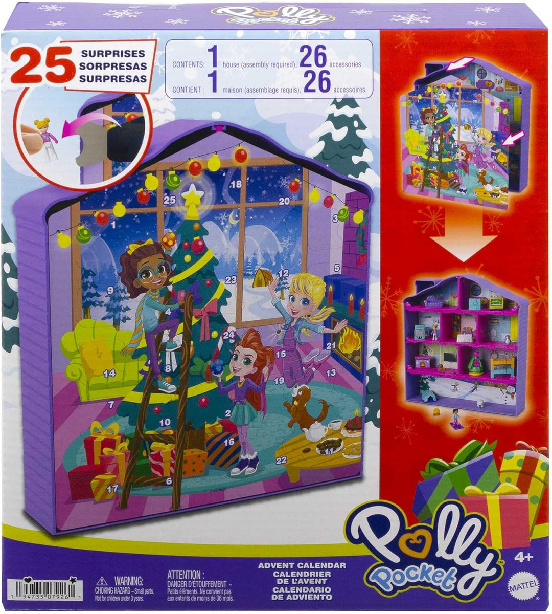 Polly Pocket Adventskalender, Winterhaus-Design, 4 Etagen mit 8 Zimmern, 25 Überraschungen zu entdec