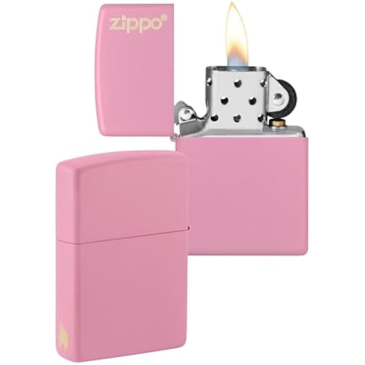 ZIPPO - Pink Matte mit Logo - nachfüllbares Sturmfeuerzeug in hochwertiger Geschenkbox (Flammenmotiv