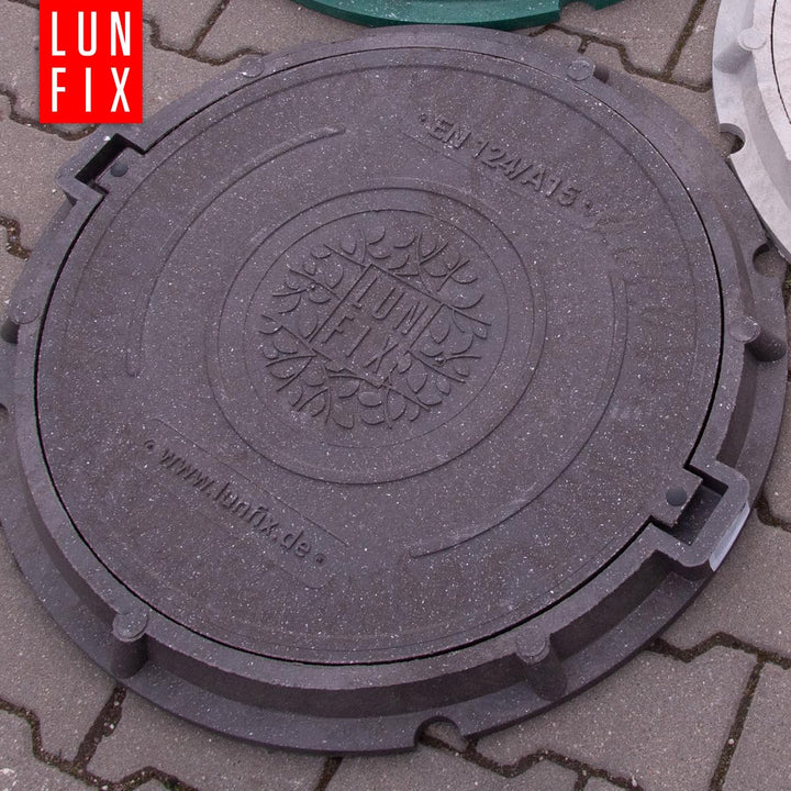 Lun Fix Schachtabdeckung mit Flanschrahmen DN 600 mm A15, GRAPHIT Schachtdeckel Manipulationsschutz,