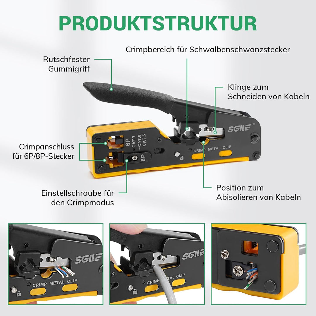 SGILE Netzwerk Werkzeug Set, RJ45/RJ11/RJ12 Crimpzange Kompatibel mit Cat5/Cat6, mit 50 x Cat6 RJ45