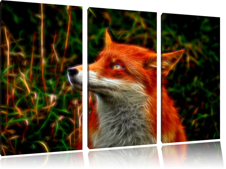 Süsser Fuchs im Wald 3 Teilig, Gesamtgrösse 120x80 cm auf Leinwand, XXL riesige Bilder fertig gerahm