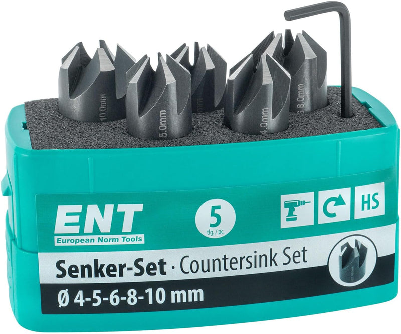 ENT 26516 5-tlg Aufsteckversenker-Set HSS, Durchmesser (d) 4, 5, 6, 8 und 10 mm, e 90°, Rechts 5-tlg