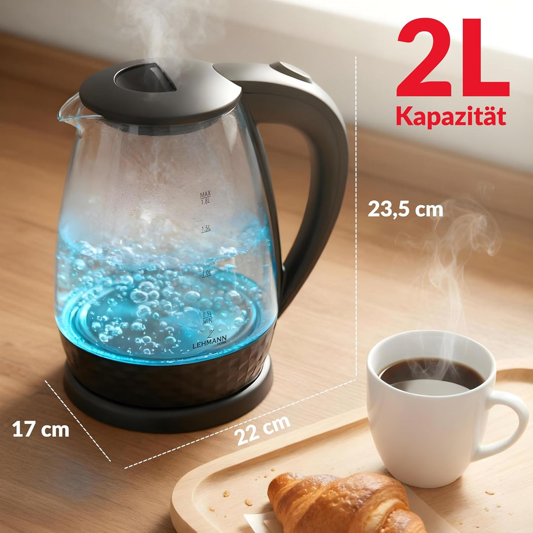 Lehmann LHOEK-2220C Glas-Wasserkocher für die Küche 2L, 2200W elektrischer Wasserkocher aus Glas, Wa