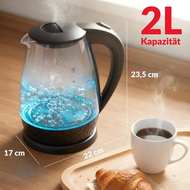Lehmann LHOEK-2220C Glas-Wasserkocher für die Küche 2L, 2200W elektrischer Wasserkocher aus Glas, Wa