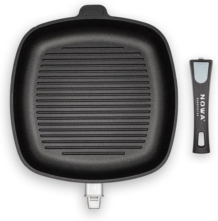 NOWA Aluguss Grillpfanne, LxBxH 28x28x4,5 cm, Abnehmbarer Griff, backofenfest bis 300 °C, Antihaft b