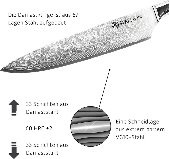 Stallion Damastmesser Wave Messerset - Messer aus Damaststahl mit Messerblock - mit MEISTERSCHLIFF M