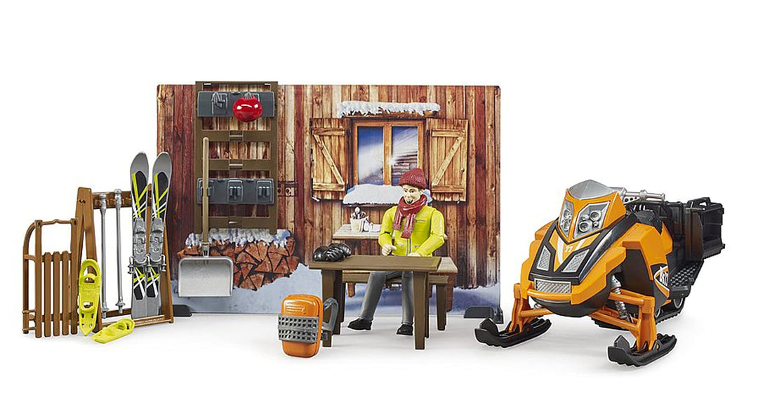 bruder 63102 - Bworld Berghütte mit Snowmobil & Figur - 1:16 Schneemobil Skifahrer Winter Spielzeug