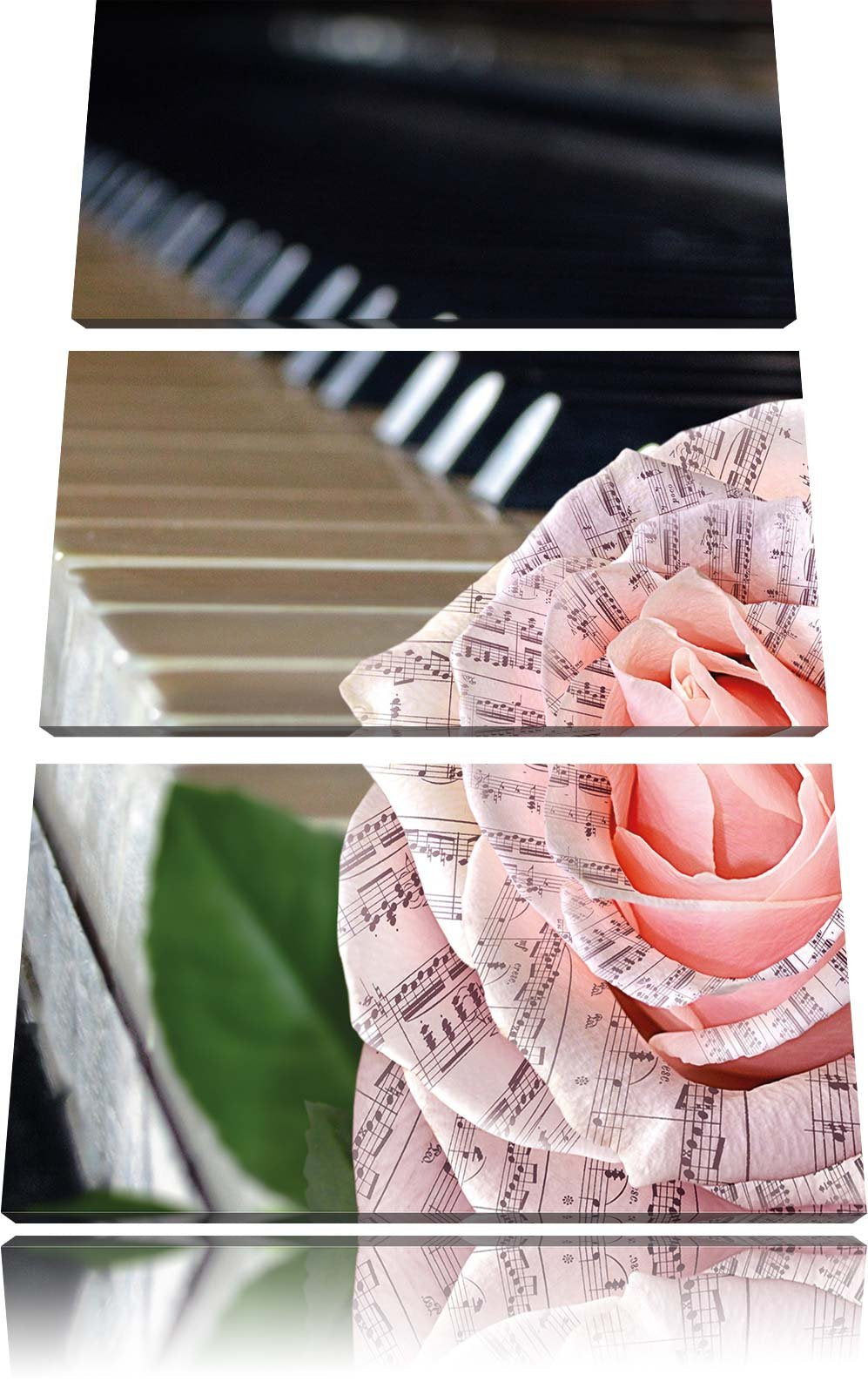 Pixxprint Noten auf zarter Rose neben Klavier 3-Teiler Leinwandbild 120x80 Bild auf Leinwand