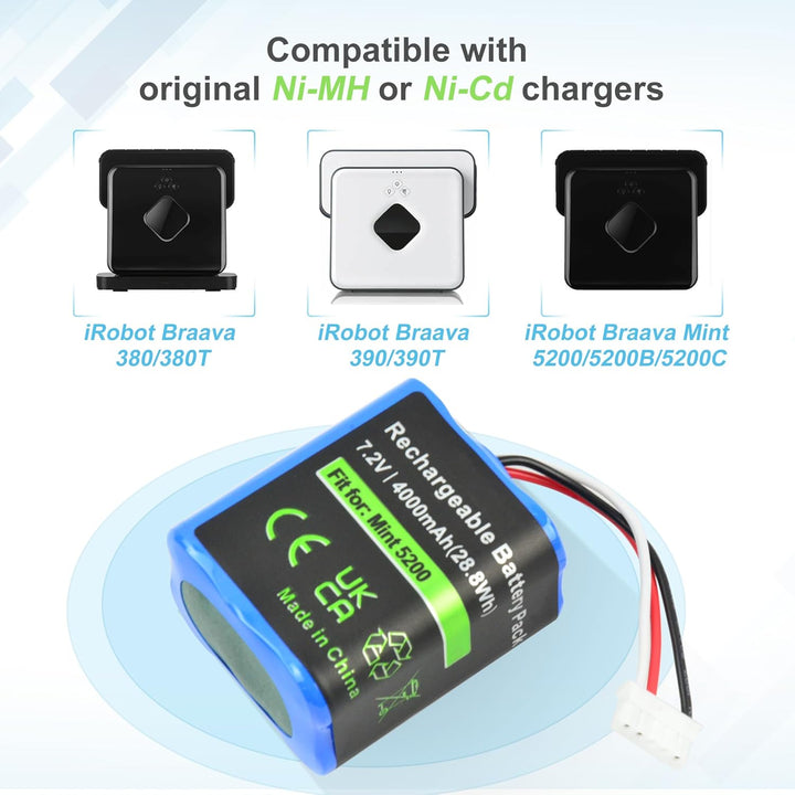 iPrize 7.2V 4000 mAh NI-MH Ersatzakku für iRobot Braava 380T 380 390T 390, Mint 5200 5200B 5200C Sta