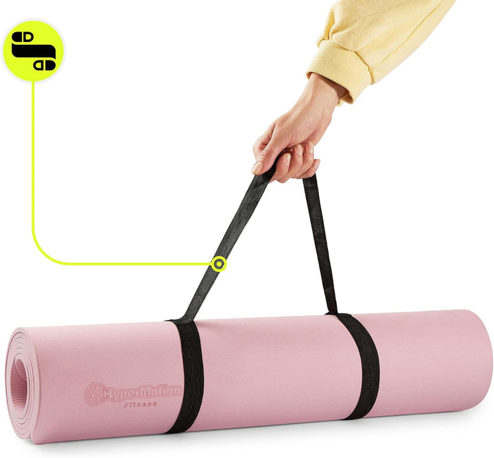 HyperMotion Yogamatte Fitnessmatte NBR 183x61x0,8 cm Schwarz, Rutschfest 8 mm, mit Tragegurt und Str