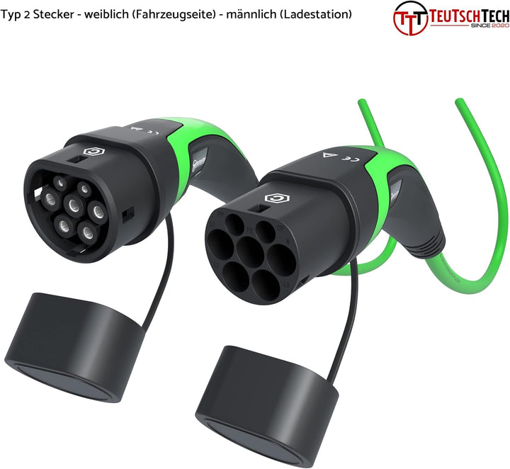 TEUTSCHTECH, EV Ladekabel grün I 5M I TYP2 - TYP2 I 22kW I 3X32A I 3-phasig I Mit Lade- Temperaturüb