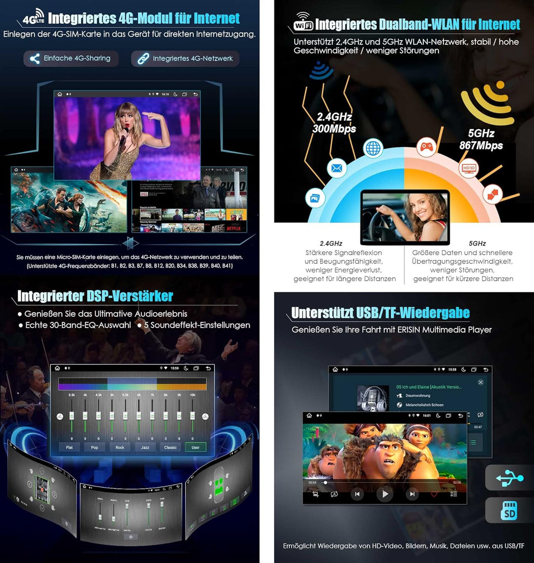 Erisin 8-Kern 4GB RAM+64GB ROM Android 14 Autoradio Mit GPS Navi für Mercedes-Benz SLK Klasse R171 W