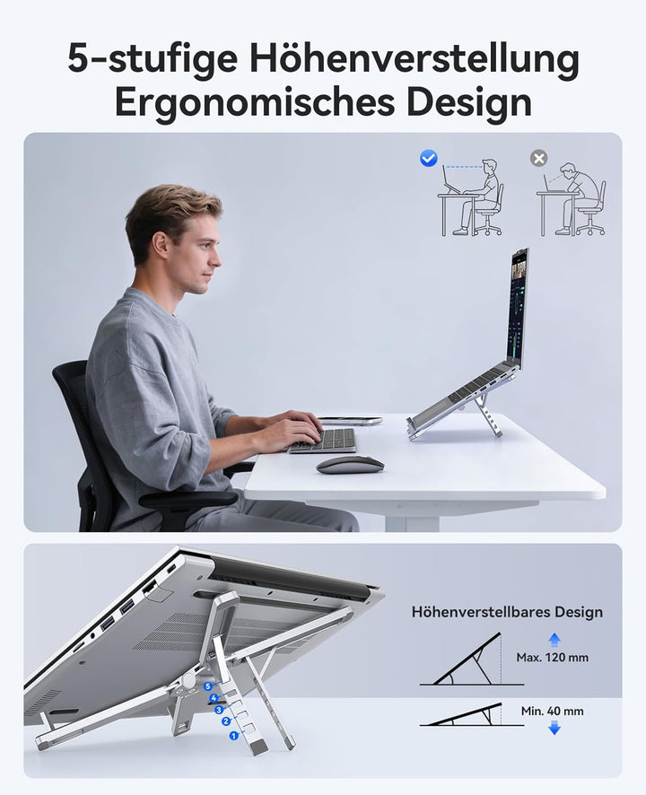 ORICO Tragbarer Laptop Ständer für Schreibtisch & Reise, Faltbarer Aluminium 3-in-1 Halterung für La