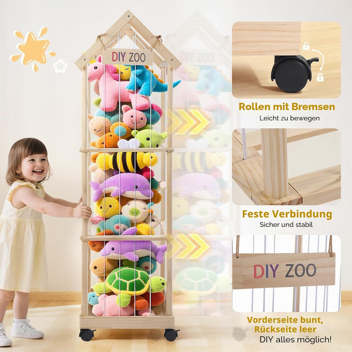 Kuscheltier Aufbewahrung 146x47x35CM, MINENICE Plüschtier Aufbewahrung aus Massivholz mit 360° Fests