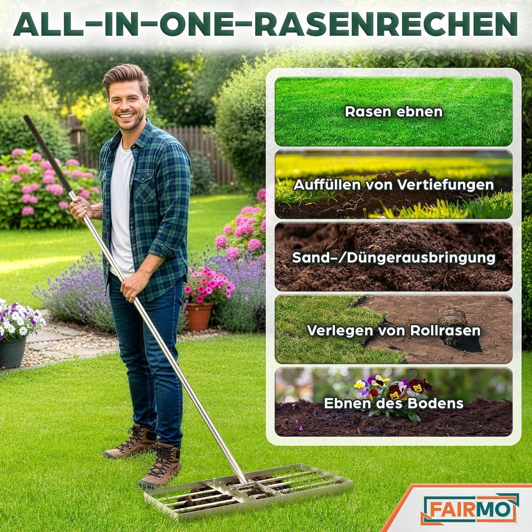 Der handliche Rasen Rakel Edelstahl (75x35 cm) von Fairmo [für sattgrünen Rasen] - Rakel für Rasen i