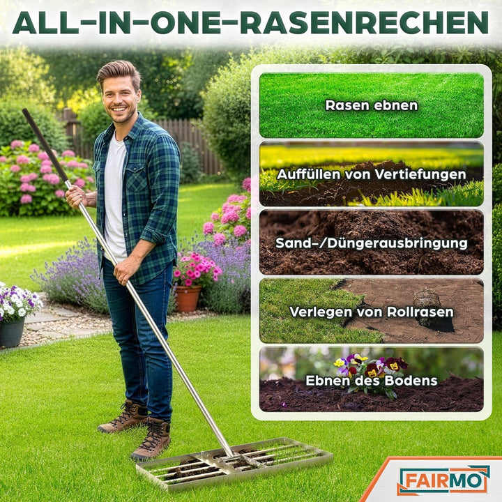 Der handliche Rasen Rakel Edelstahl (75x35 cm) von Fairmo [für sattgrünen Rasen] - Rakel für Rasen i