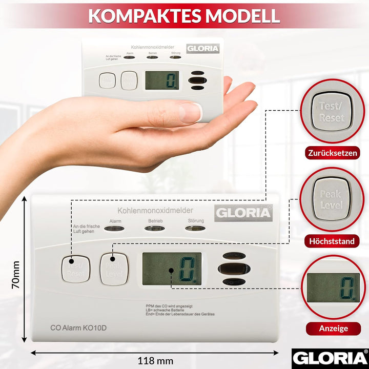 Gloria 2X Kohlenmonoxidmelder KO10D mit 10 Jahren Garantie und fest eingebauter Lithium Batterie