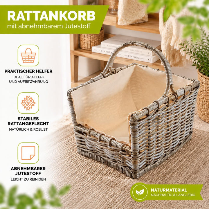 Kobolo Kaminholzkorb Holztrage Holzkorb für Kaminholz Rattan grau mit abnehmbarem, 50x38x33