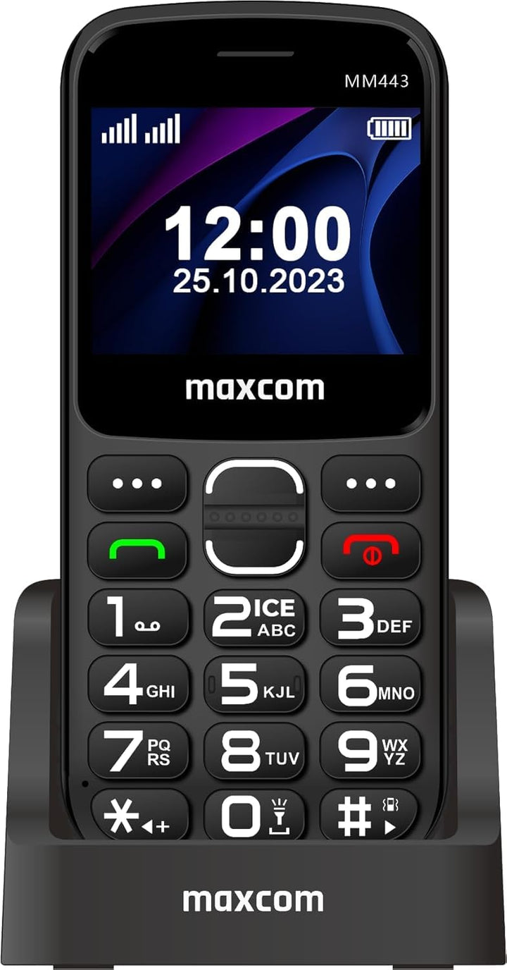 Maxcom MM443 Mobiltelefon für ältere Menschen, 4G, mit grossen Tasten und SOS-Taste, Ladestation, Du