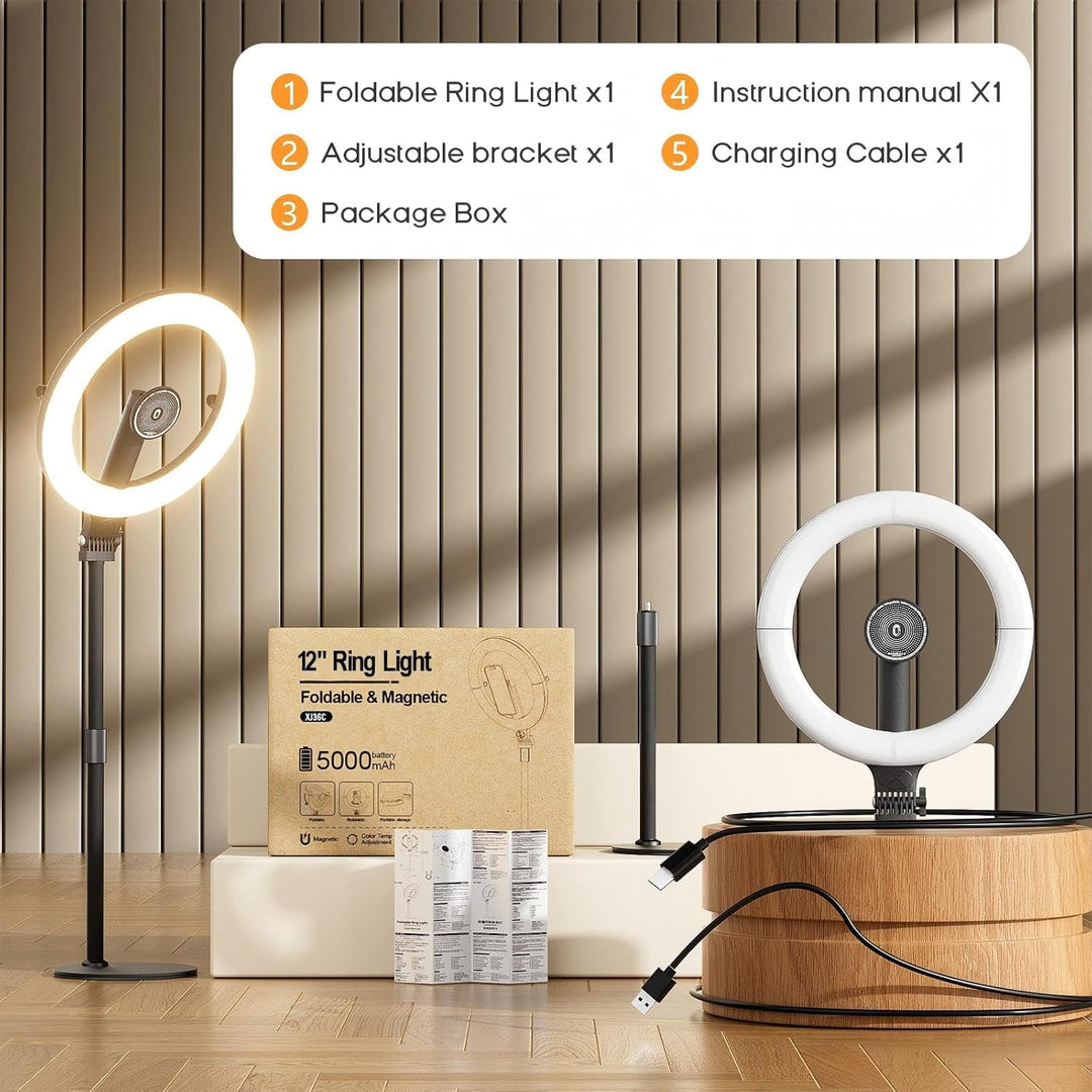 Magnetisches 10" Ringlicht,Klappbar & 360° Drehbar,10W, 120 LEDs, 5000mAh, Dimmbar Mit Memory,Für Li