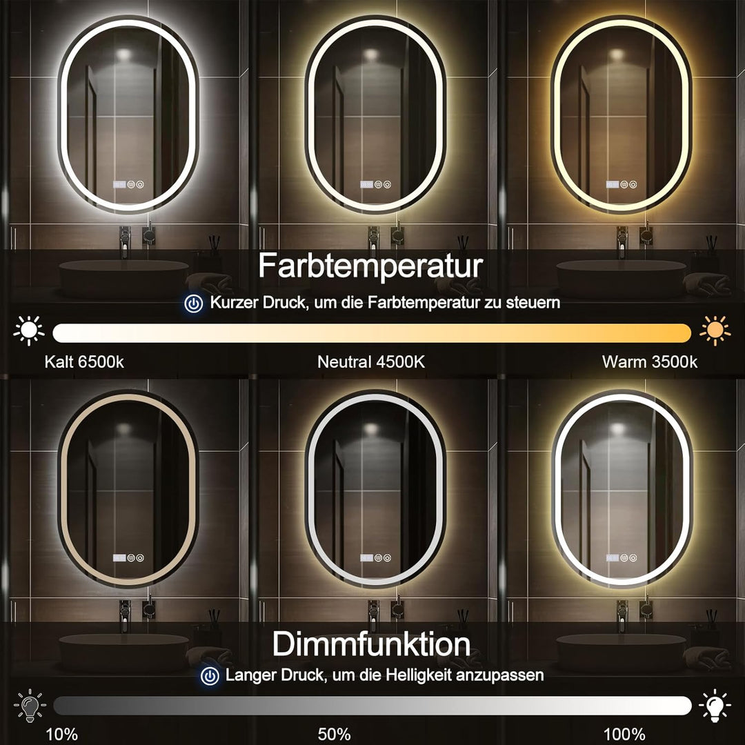 Badspiegel Mit Beleuchtung, 60x80 cm Oval Spiegel mit Beleuchtung, Badspiegel mit Uhr und Touch-Scha