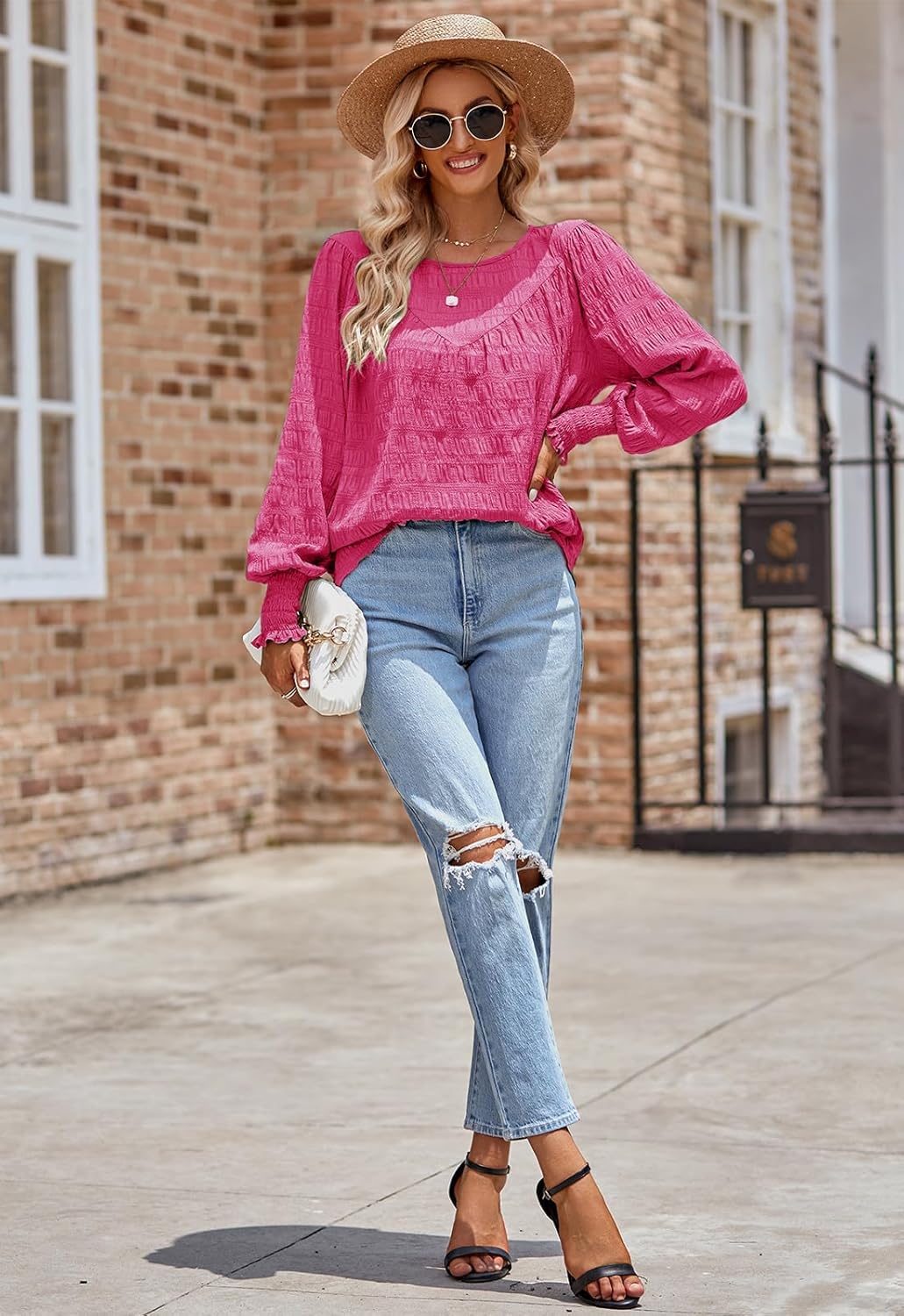 ANCAPELION Damen Elegant Bluse Weiss Chiffon Bishop Langarm Rundhals Tunika Tops Casual Lose Einfarb