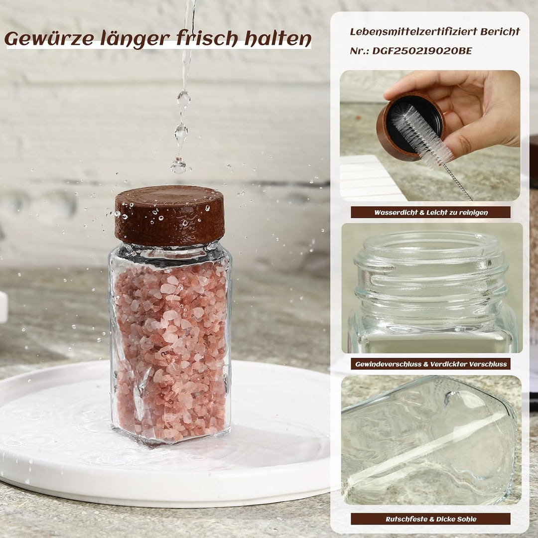 Gewürzgläser aus Glas und Holz, eckig, 24 × 120 ml Gewürzgläser-Set mit Akazienholzdeckel Aufbewahru
