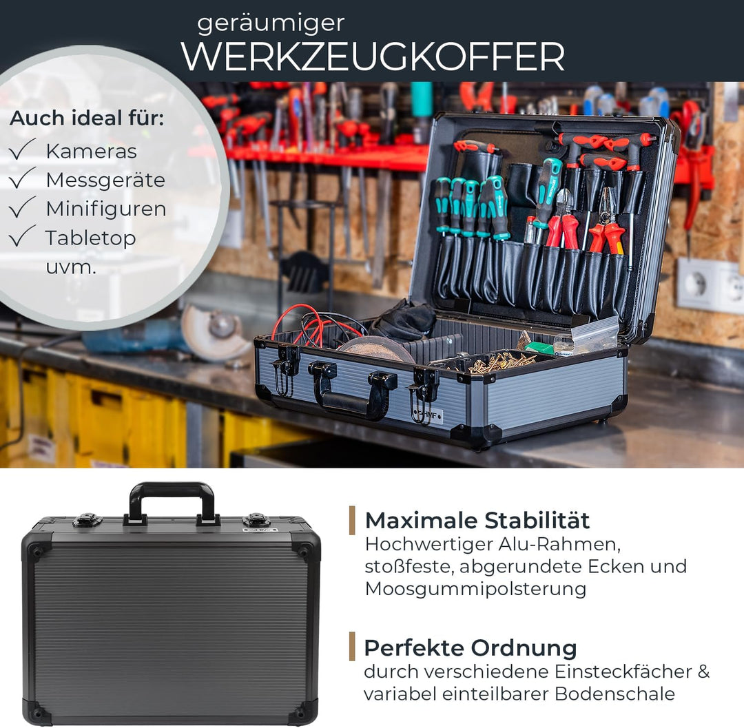 HMF 14601-02 Alu Werkzeugkoffer leer, verstellbare Facheinteilung, 46 x 15 x 33 cm