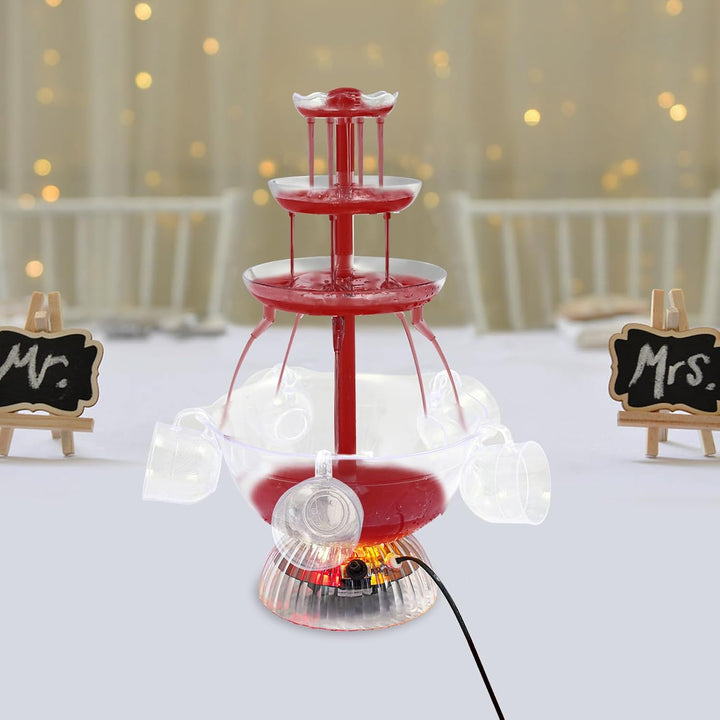3-stufiger Partybrunnen mit LED-Beleuchtung, Klarer Getränkebrunnen inkl. 5 Tassen für Wein, Saft &amp;