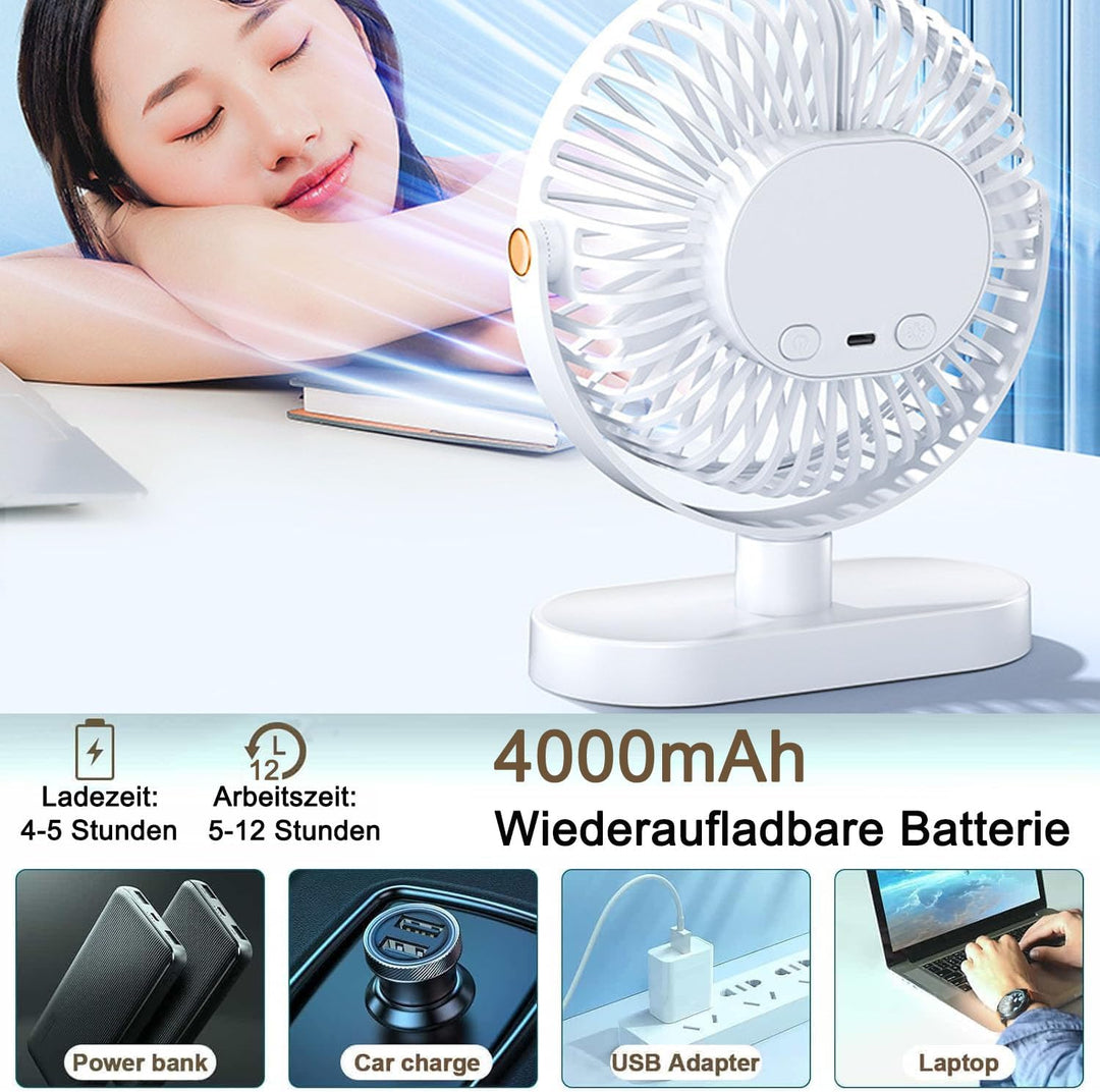 Schreibtischventilator mit Nachtlicht, Tragbarer Mini Ventilator 4000 mAh USB-Akku, 5 Geschwindigkei