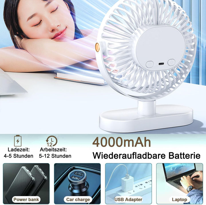 Schreibtischventilator mit Nachtlicht, Tragbarer Mini Ventilator 4000 mAh USB-Akku, 5 Geschwindigkei