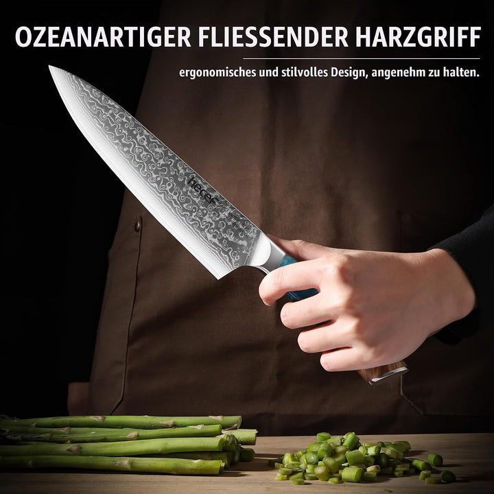 hecef Damastmesser, Kochmesser Profi Messer mit Ergonomischem Harzgriff, 67 Lagen Damast Küchenmesse