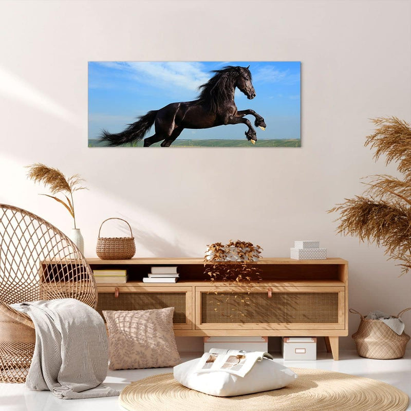 Wandbilder Dekoration Wohnzimmer Schwarzes Pferd Pferd Galopp Panorama Bilder auf Leinwand 120x50cm