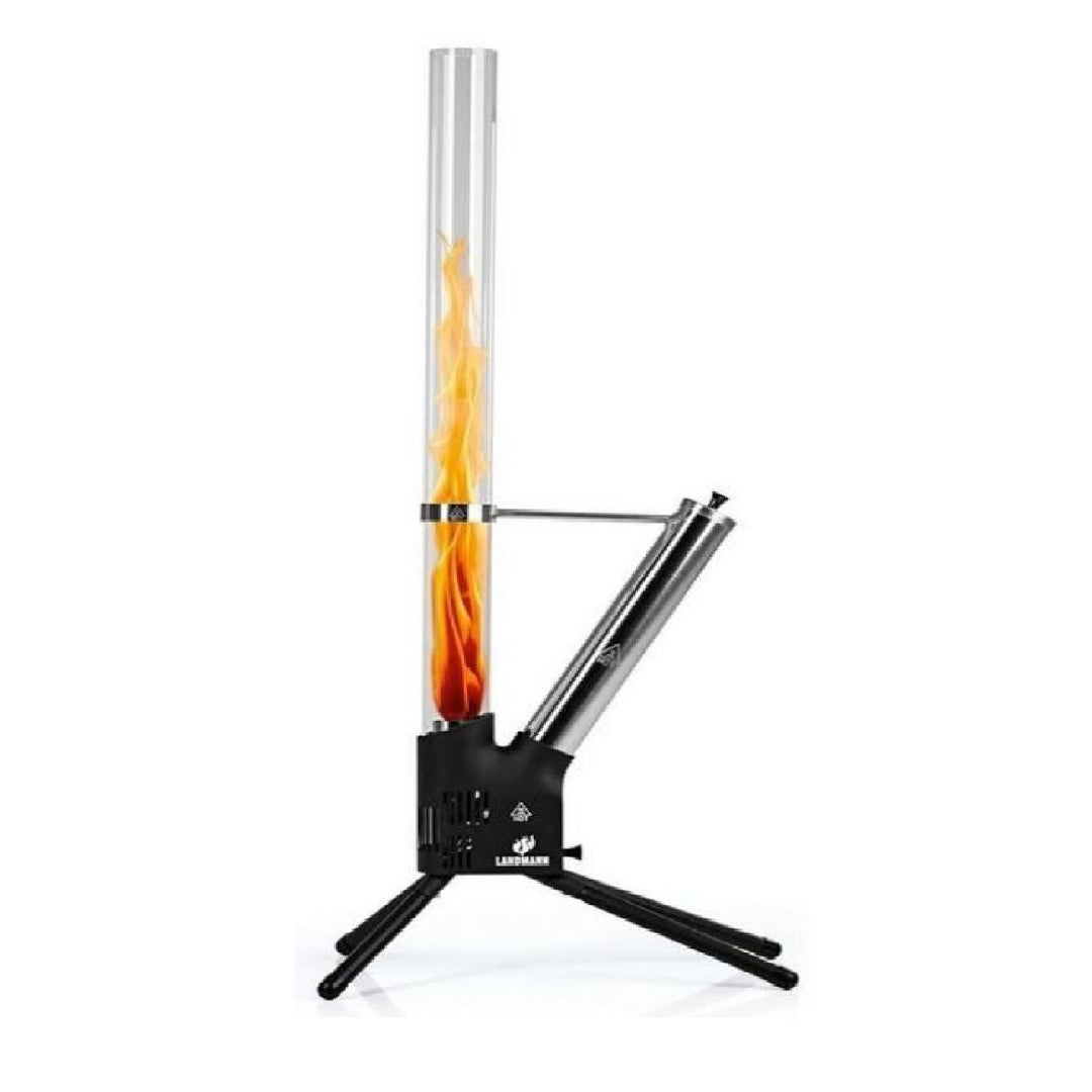 Feuersäule Schwarz/Silber – Outdoor Pellet Feuerstelle 126,5 cm mit Borosilikat-Glasrohr, raucharm,