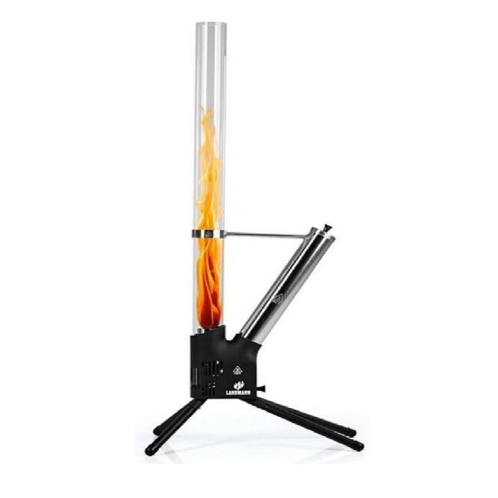 Feuersäule Schwarz/Silber – Outdoor Pellet Feuerstelle 126,5 cm mit Borosilikat-Glasrohr, raucharm,